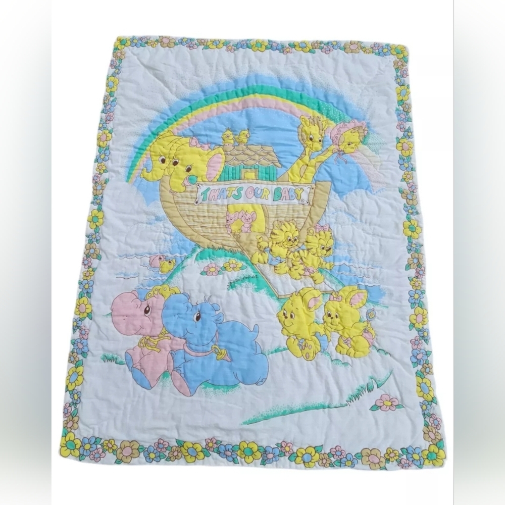 Vintage Baby Quilt Crib Blanket Thats Our Baby Noah’s Ark Hand Stitched 30"x 38"